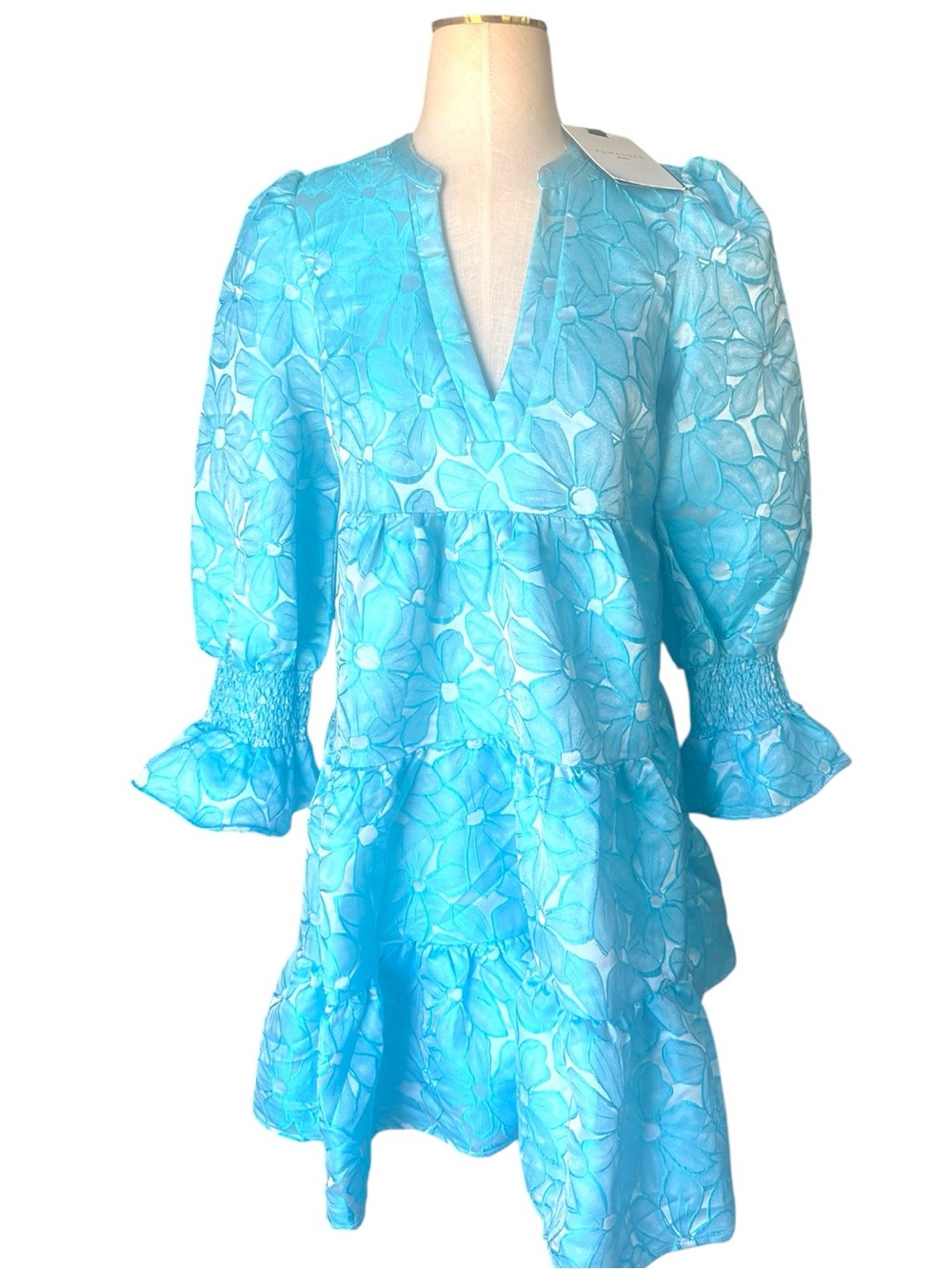 NWT Pomander Place Blue Floral Puff Sleeve Tiered Mini Dress Medium - Picture 2 of 12